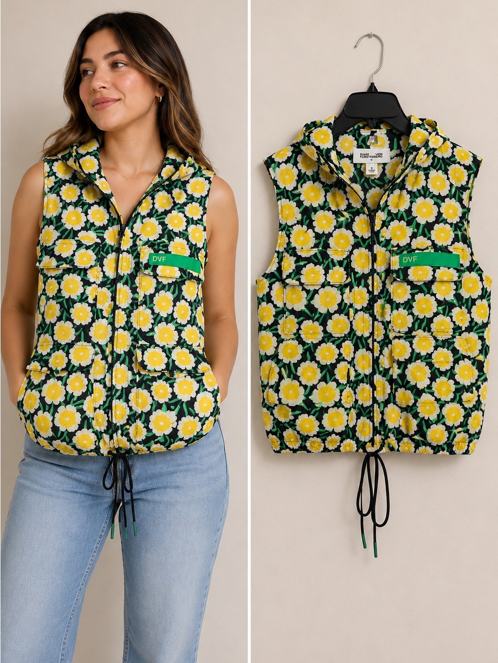 Diane von Furstenberg DVF Target Floral Hooded Utility Vest Yellow Green Black S